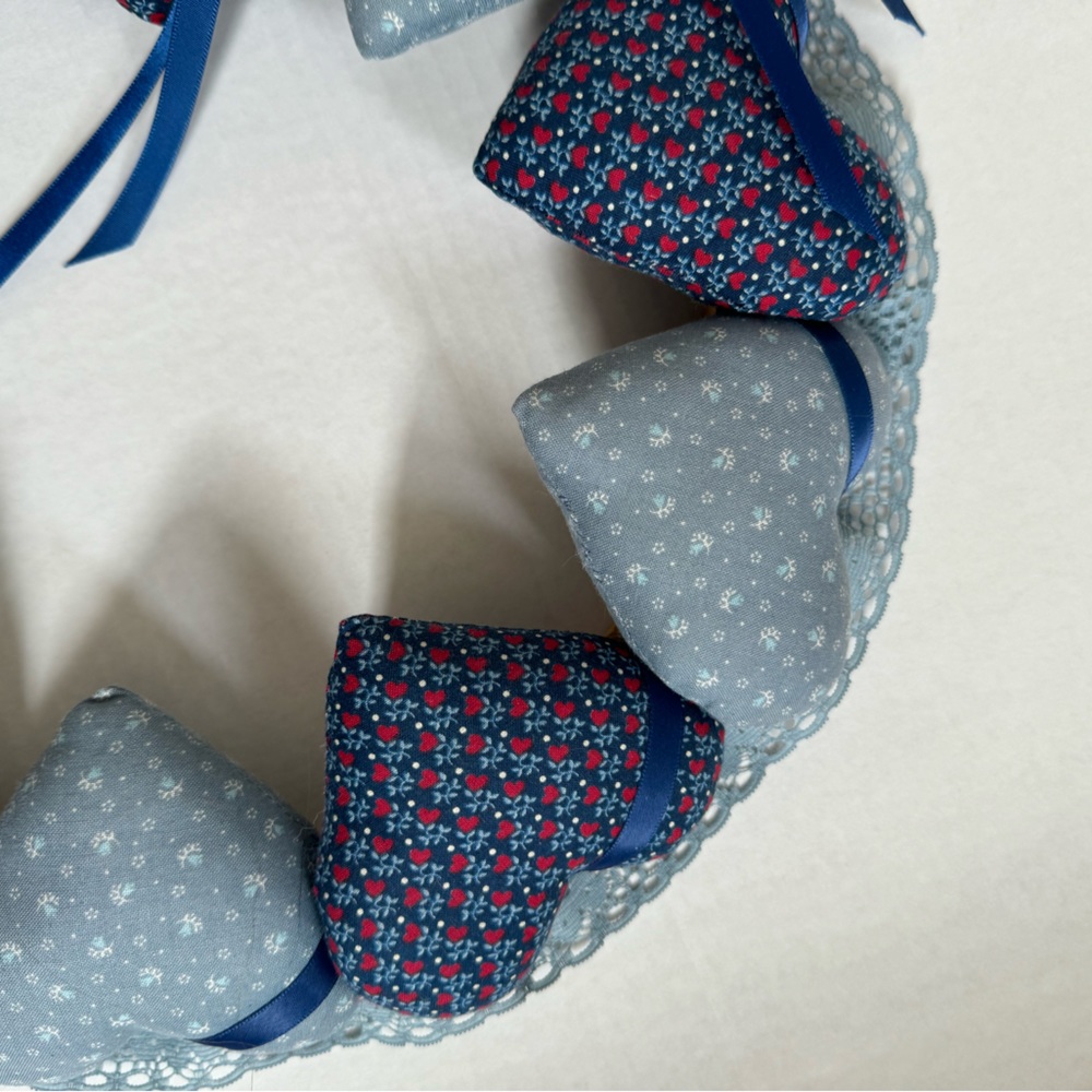 Vintage Heart Wreath country fabric lace & bow Handmade Cottagecore Farmcore - Picture 8 of 13